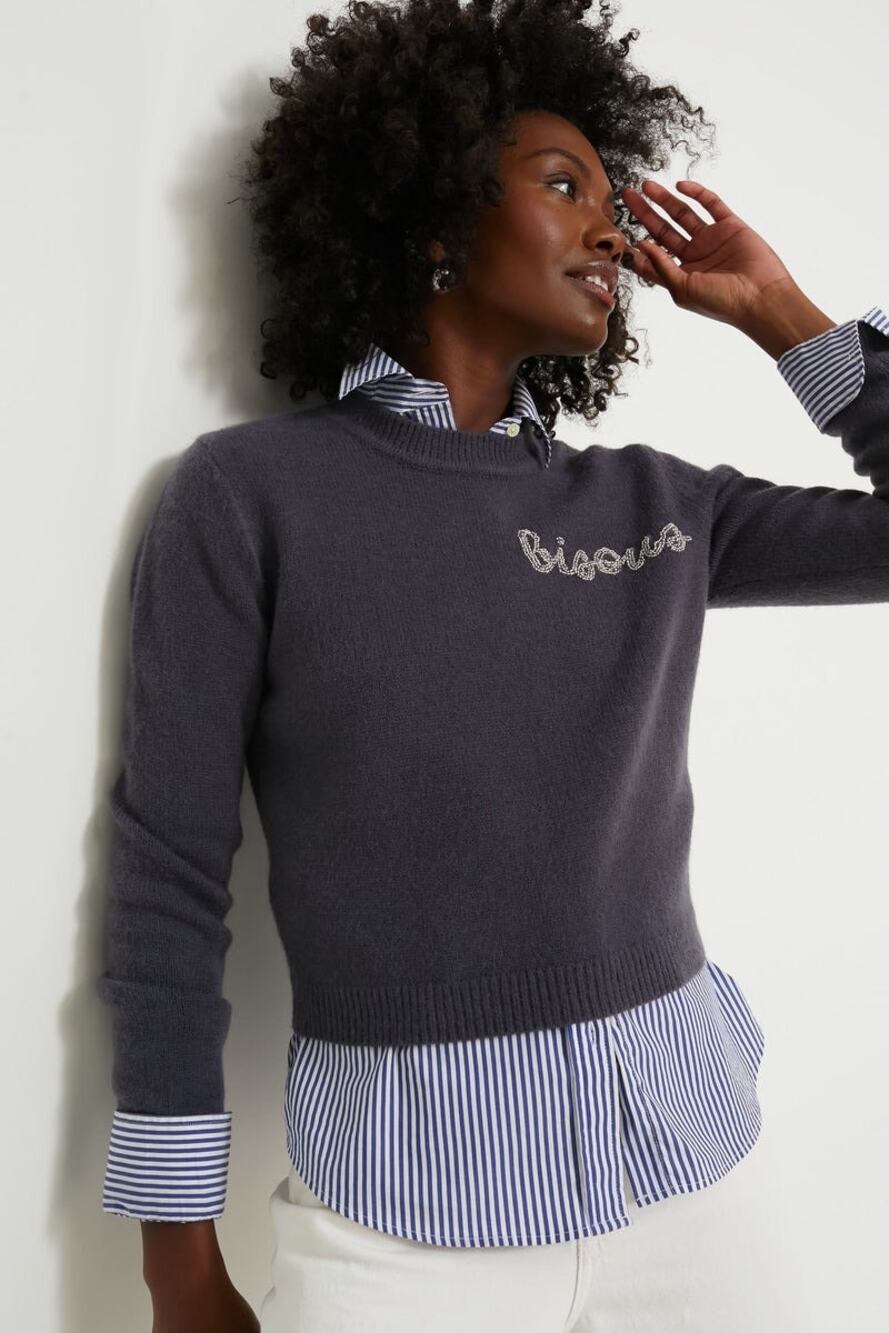 HYACINTH HOUSE Ash Crewneck Bisous Beaded Sweater Size L NWT